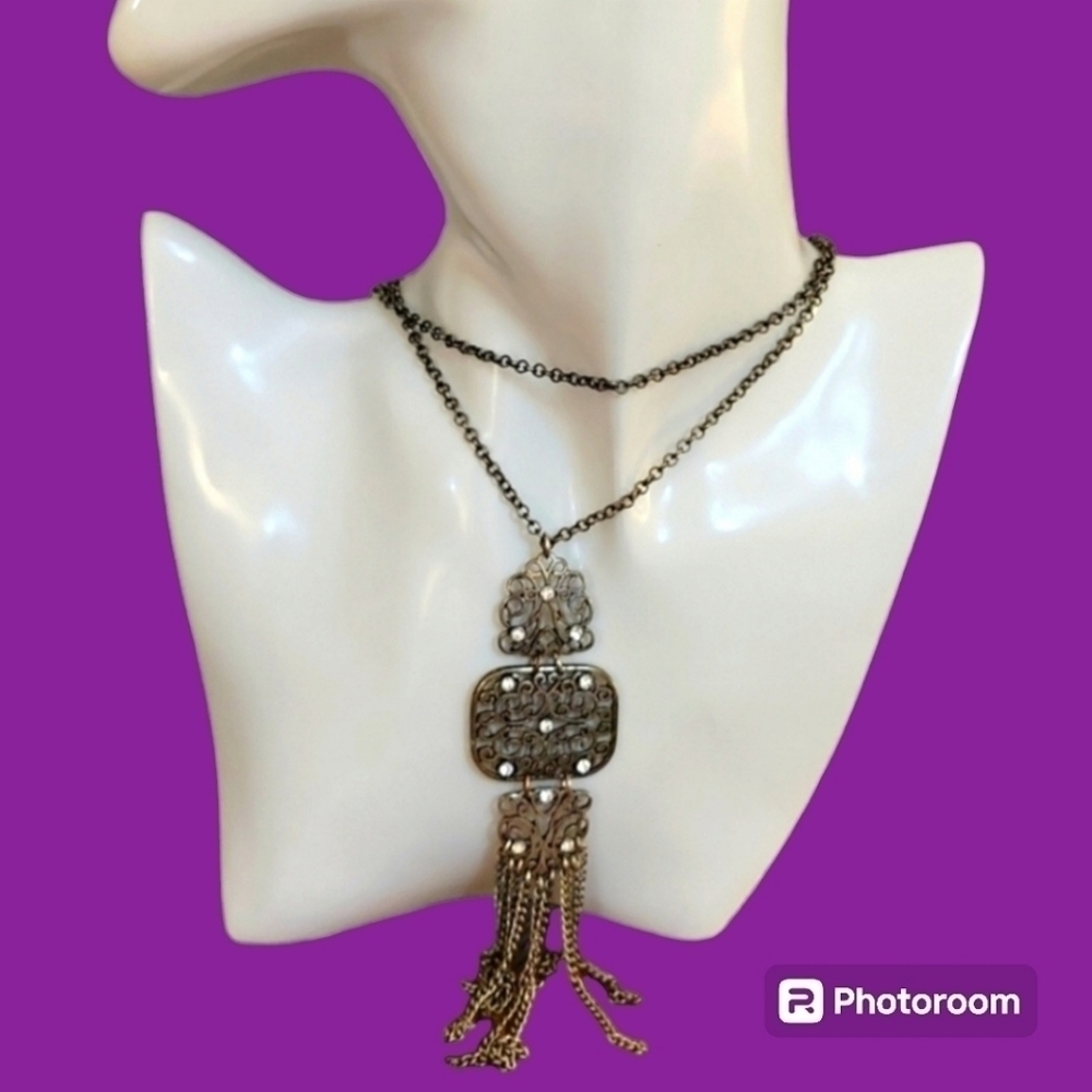 3/$30 Silvertone Rhinestone Filigree Chain Tassel Chain Festival Necklace